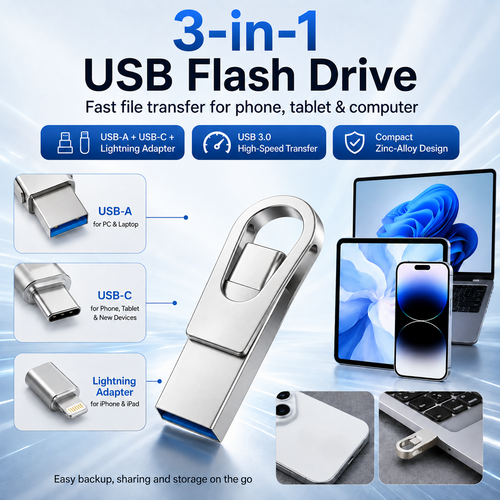 3-in-1 USB Flash Drive (USB-C + USB-A + Lightning) | High-Speed 3.0 for iPhone, Android & PC